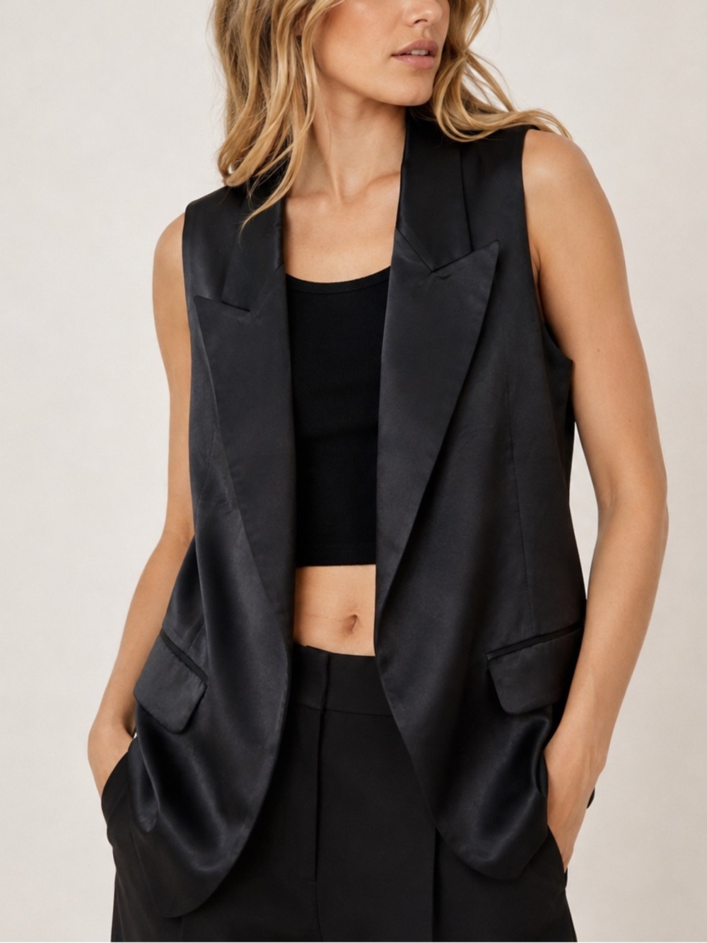 Theory Black Satin Open Front Tuxedo Vest Size 4 Silk Blend